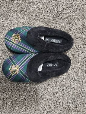 Lauren Ralph Lauren Plaid Monogram Slippers in Green & Black Medium (7-8)